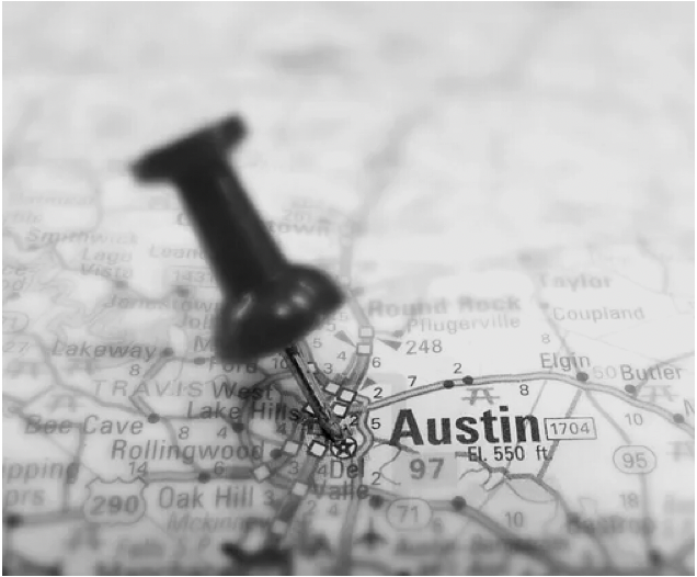 Map overview of Texas with a thumbtack marking the city of Austin.